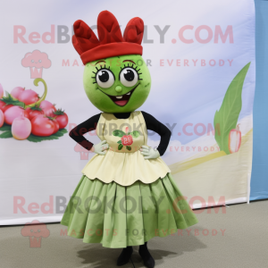 Olive Shrimp Scampi mascot costume character dressed with a A-Line Skirt and Brooches