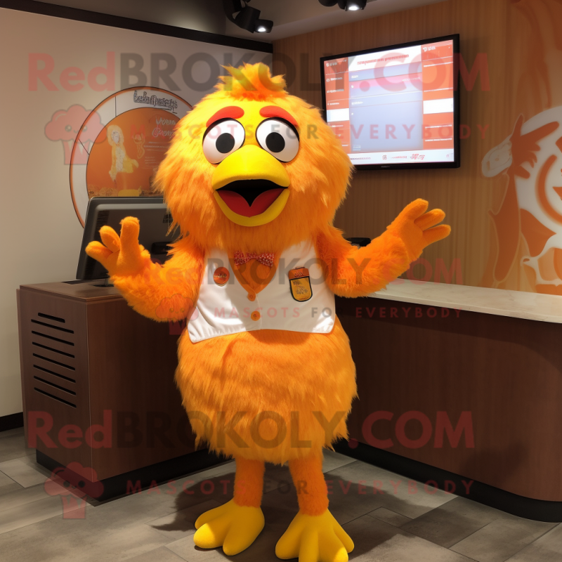 Orange Chicken mascot costume character dressed with a Culottes and Ties Orange Chicken mascot costume character dressed with a Culottes and Ties