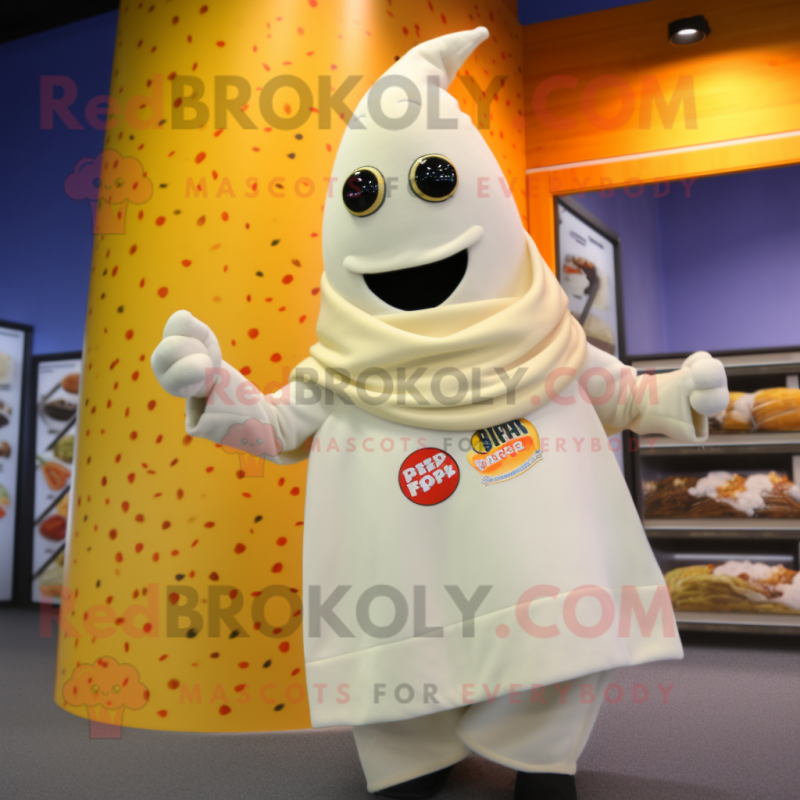 Cream Pepper mascot costume character dressed with a Sweatshirt and Scarves