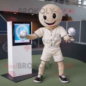 Beige Volleyball Net mascot costume character dressed with a Baseball Tee and Digital watches