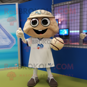 Beige Volleyball Net mascot costume character dressed with a Baseball Tee and Digital watches