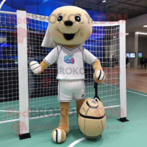 Beige Volleyball Net mascot costume character dressed with a Baseball Tee and Digital watches