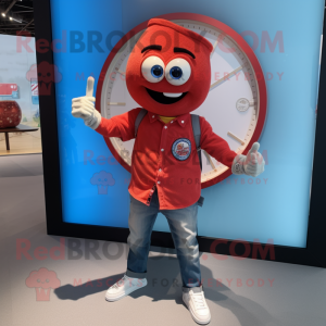 Red Pizza Slice mascot costume character dressed with a Denim Shirt and Bracelet watches