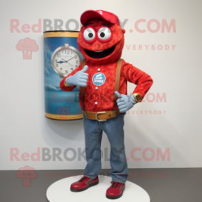 Red Pizza Slice mascot costume character dressed with a Denim Shirt and Bracelet watches