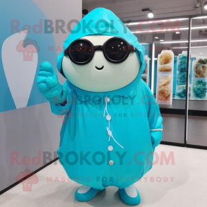 Cyan Potato mascot costume character dressed with a Raincoat and Sunglasses