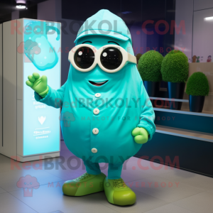 Cyan Potato mascot costume character dressed with a Raincoat and Sunglasses