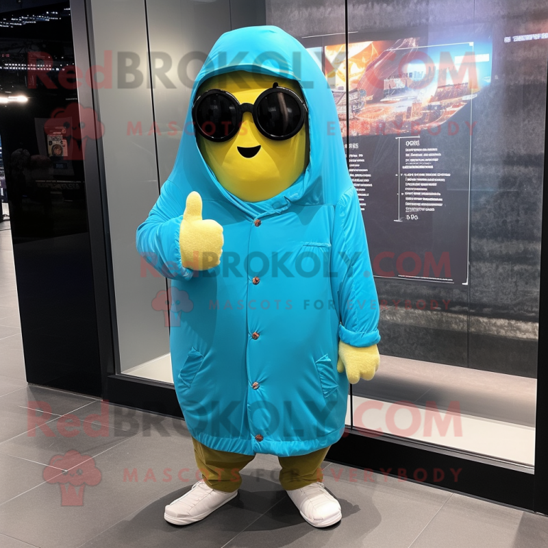 Cyan Potato mascot costume character dressed with a Raincoat and Sunglasses