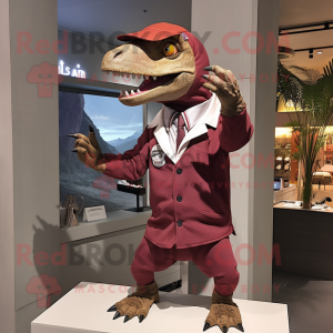 Maroon Velociraptor mascot costume character dressed with a Henley Shirt and Brooches