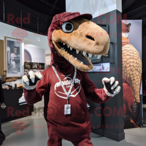 Maroon Velociraptor mascot costume character dressed with a Henley Shirt and Brooches