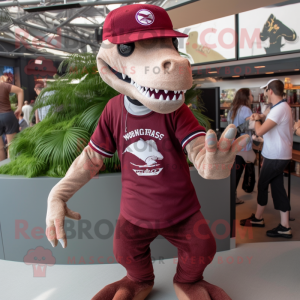 Maroon Velociraptor mascot costume character dressed with a Henley Shirt and Brooches