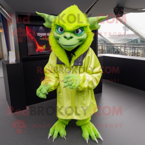 Lime Green Gargoyle mascot costume character dressed with a Parka and Scarf clips