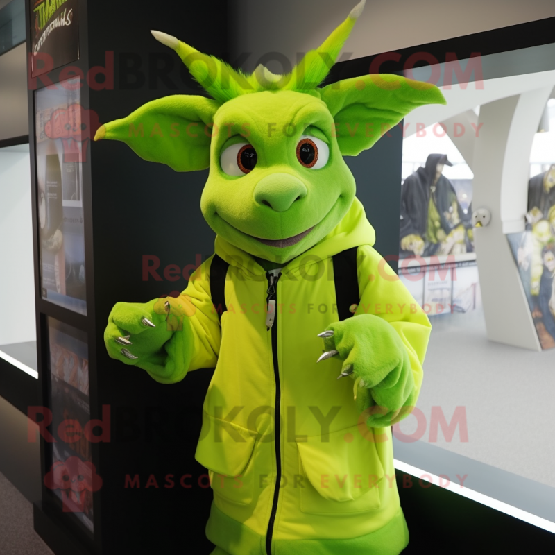 Lime Green Gargoyle mascot costume character dressed with a Parka and Scarf clips