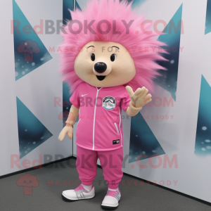 Pink Porcupine mascot costume character dressed with a Joggers and Watches