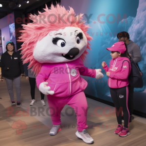 Pink Porcupine mascot costume character dressed with a Joggers and Watches