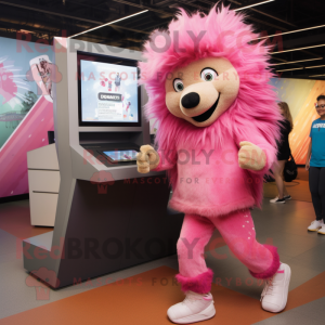 Pink Porcupine mascot costume character dressed with a Joggers and Watches