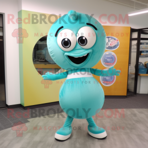 Cyan Bagels mascot costume character dressed with a A-Line Skirt and Clutch bags