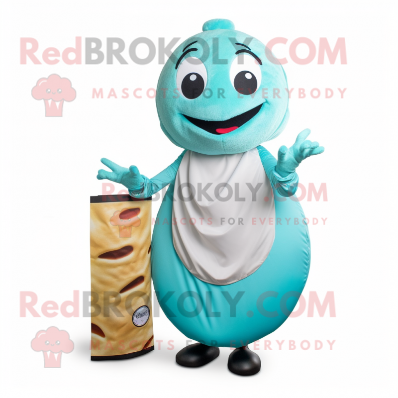 Cyan Bagels mascot costume character dressed with a A-Line Skirt and Clutch bags Cyan Bagels mascot costume character dressed with a A-Line Skirt and Clutch bags