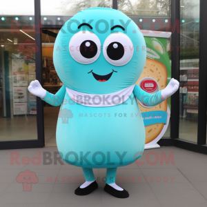 Cyan Bagels mascot costume character dressed with a A-Line Skirt and Clutch bags