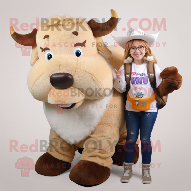 Beige Yak mascot costume character dressed with a Mom Jeans and Backpacks Beige Yak mascot costume character dressed with a Mom Jeans and Backpacks