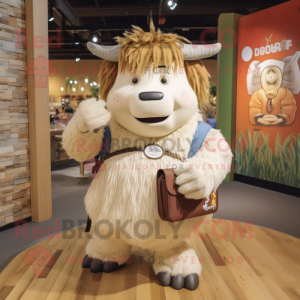 Beige Yak mascot costume character dressed with a Mom Jeans and Backpacks