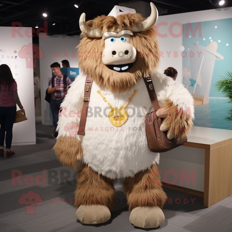 Beige Yak mascot costume character dressed with a Mom Jeans and Backpacks