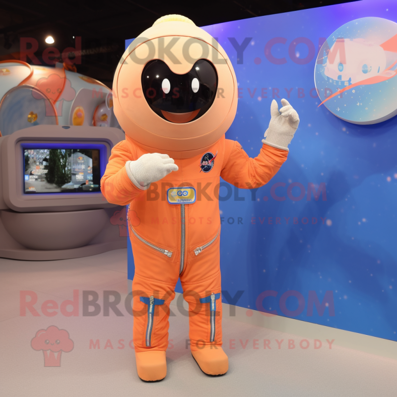 Peach Astronaut mascot costume character dressed with a Denim Shirt and Tie pins