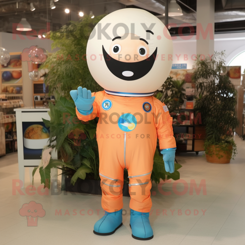 Peach Astronaut mascot costume character dressed with a Denim Shirt and Tie pins