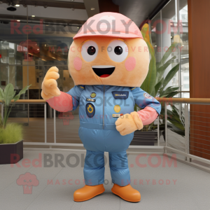 Peach Astronaut mascot costume character dressed with a Denim Shirt and Tie pins