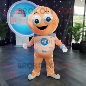 Peach Astronaut mascot costume character dressed with a Denim Shirt and Tie pins