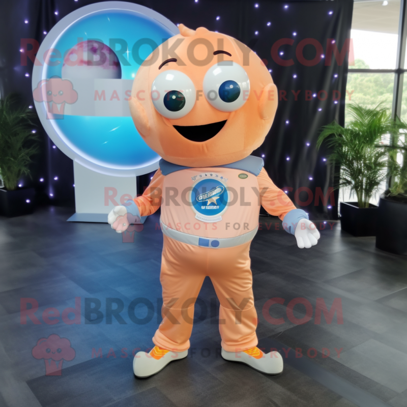 Peach Astronaut mascot costume character dressed with a Denim Shirt and Tie pins Peach Astronaut mascot costume character dressed with a Denim Shirt and Tie pins