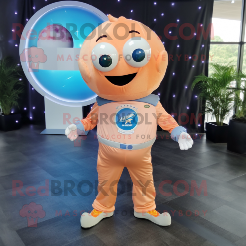 Peach Astronaut mascot costume character dressed with a Denim Shirt and Tie pins