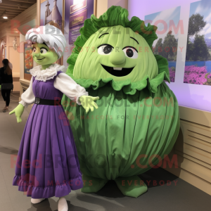 Lavender Cabbage mascot costume character dressed with a Pleated Skirt and Watches