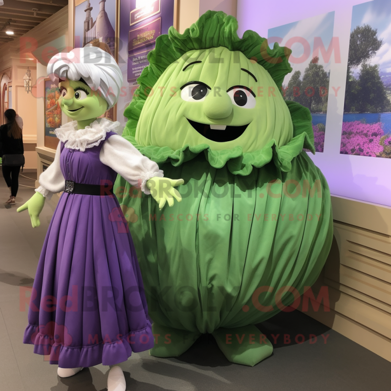 Lavender Cabbage mascot costume character dressed with a Pleated Skirt and Watches Lavender Cabbage mascot costume character dressed with a Pleated Skirt and Watches