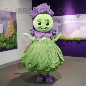 Lavender Cabbage mascot costume character dressed with a Pleated Skirt and Watches