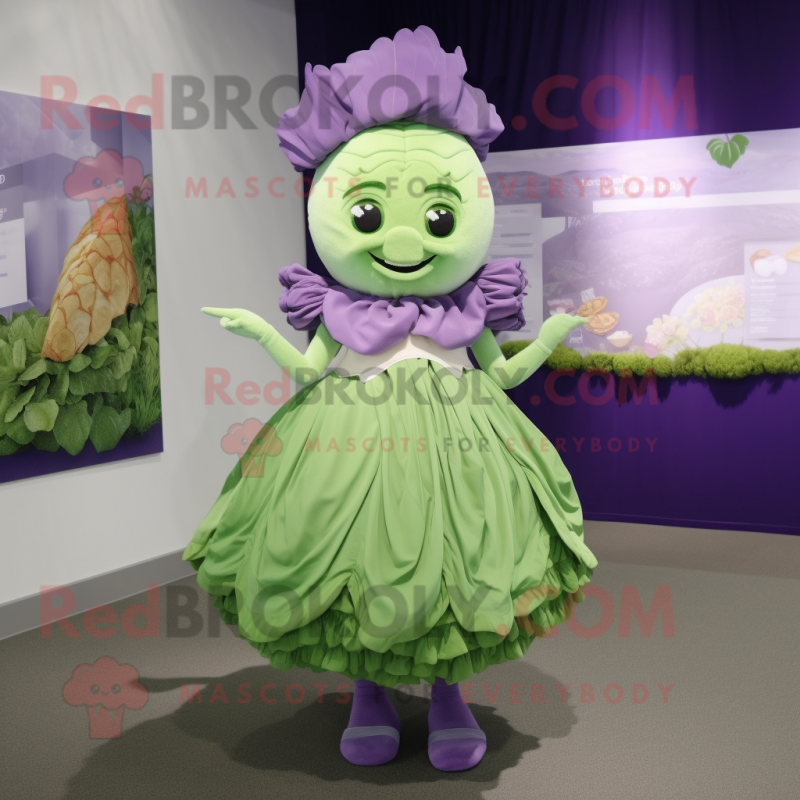 Lavender Cabbage mascot costume character dressed with a Pleated Skirt and Watches