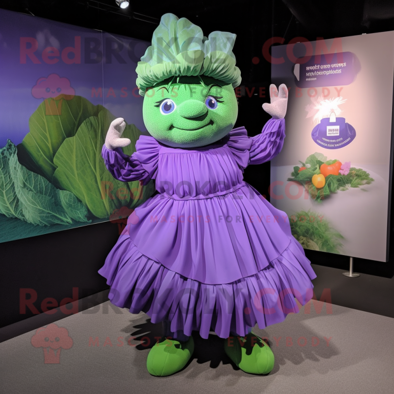 Lavender Cabbage mascot costume character dressed with a Pleated Skirt and Watches Lavender Cabbage mascot costume character dressed with a Pleated Skirt and Watches