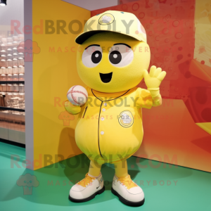 Lemon Yellow Lemon mascot costume character dressed with a Baseball Tee and Shoe laces