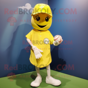 Lemon Yellow Lemon mascot costume character dressed with a Baseball Tee and Shoe laces