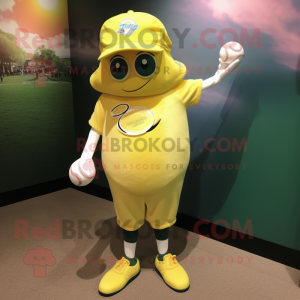 Lemon Yellow Lemon mascot costume character dressed with a Baseball Tee and Shoe laces