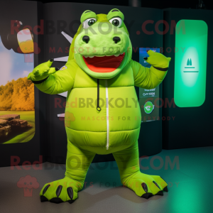 Lime Green Crocodile mascot costume character dressed with a Bomber Jacket and Mittens