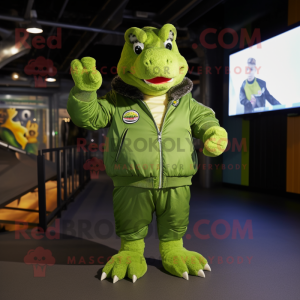 Lime Green Crocodile mascot costume character dressed with a Bomber Jacket and Mittens