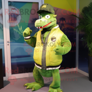 Lime Green Crocodile mascot costume character dressed with a Bomber Jacket and Mittens