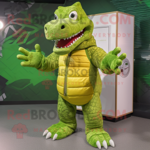 Lime Green Crocodile mascot costume character dressed with a Bomber Jacket and Mittens