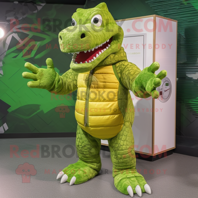 Lime Green Crocodile mascot costume character dressed with a Bomber Jacket and Mittens Lime Green Crocodile mascot costume character dressed with a Bomber Jacket and Mittens