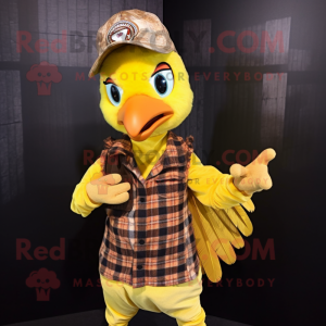Yellow Pheasant mascot costume character dressed with a Flannel Shirt and Headbands