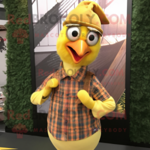 Yellow Pheasant mascot costume character dressed with a Flannel Shirt and Headbands