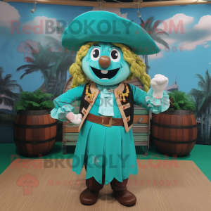 Turquoise Pirate mascot costume character dressed with a Maxi Skirt and Belts