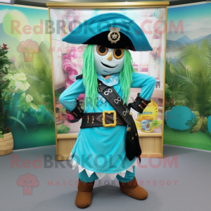 Turquoise Pirate mascot costume character dressed with a Maxi Skirt and Belts
