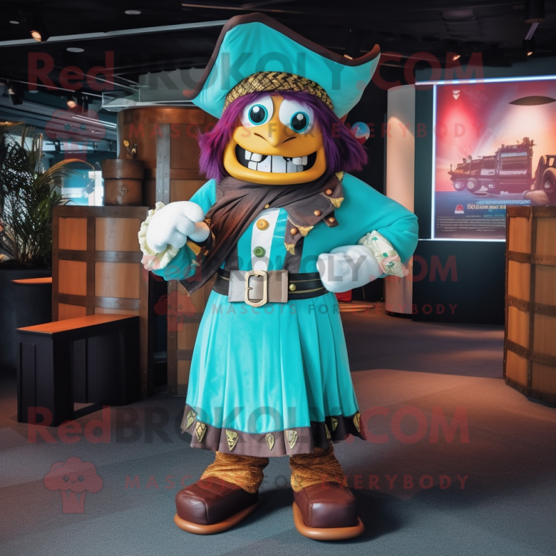 Turquoise Pirate mascot costume character dressed with a Maxi Skirt and Belts