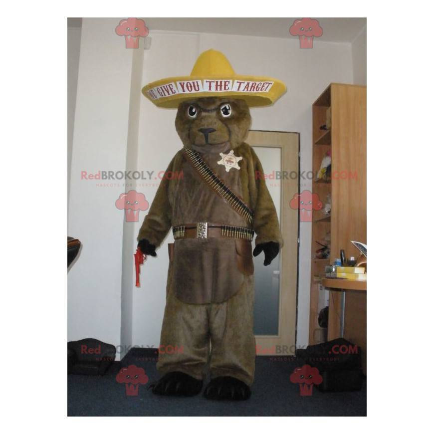 Mascote do urso marmota marrom em traje de cowboy -